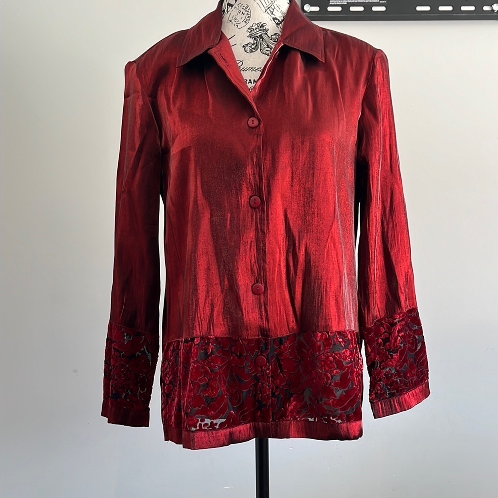 Tanjay Metallic Red Satin button down shirt burnout velvet details Whimsigoth
